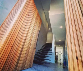 Slatted Timber Entry Entryway Skylight Stone Wall